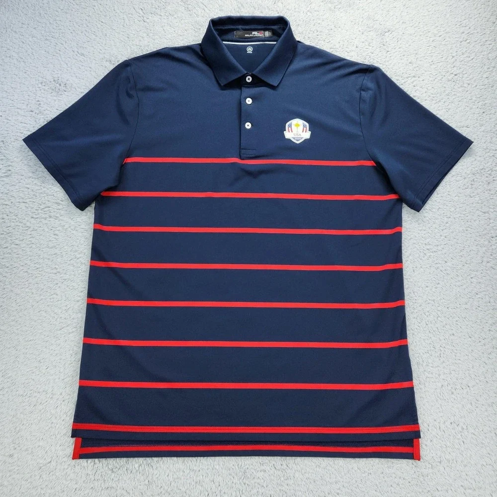 RLX Ralph Lauren Ryder Cup USA 2020 Golf Shirt Polo Mens Large Blue Red Striped